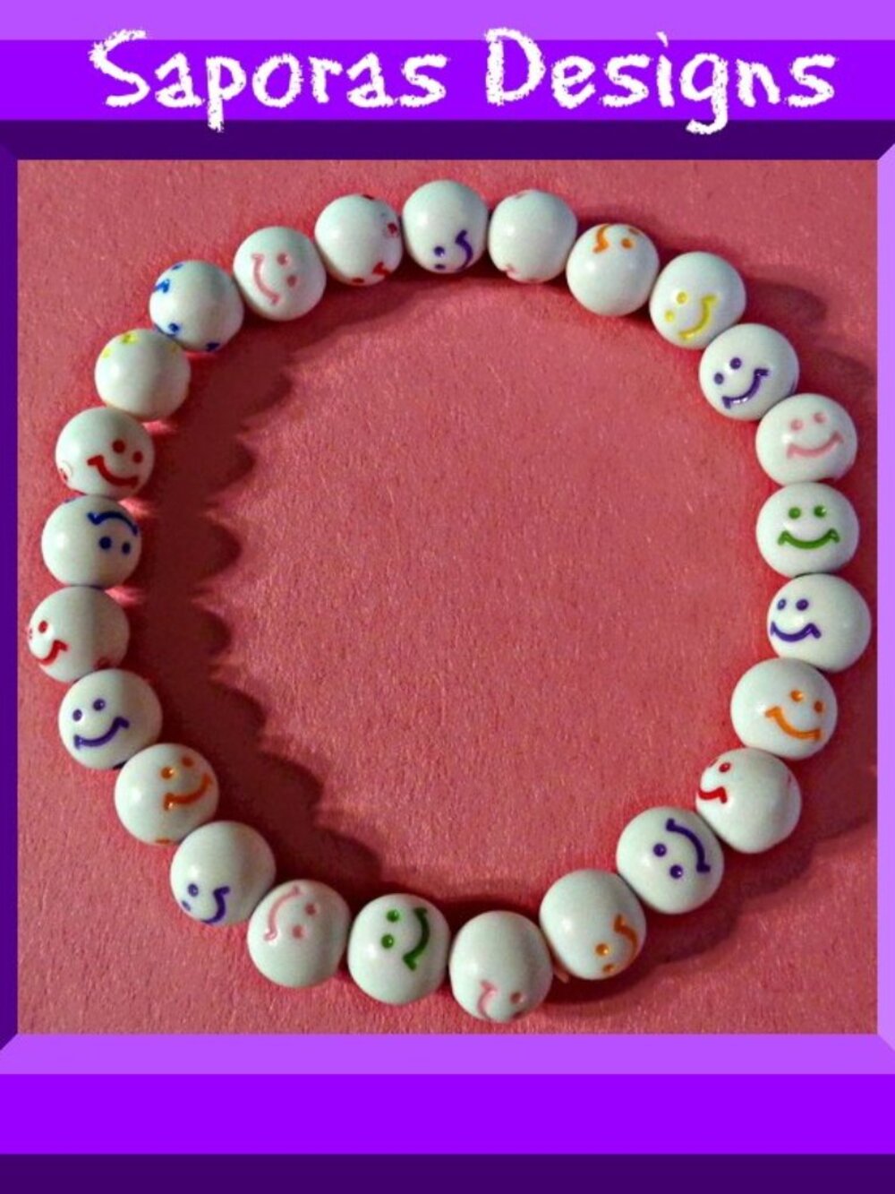 White Beaded Colorful Smiley Face Bracelet Stretchable Elastic Fits Most Wrist